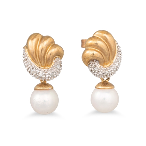 24 - A PAIR OF DIAMOND AND PEARL DROP EARRINGS, mounted in yellow gold