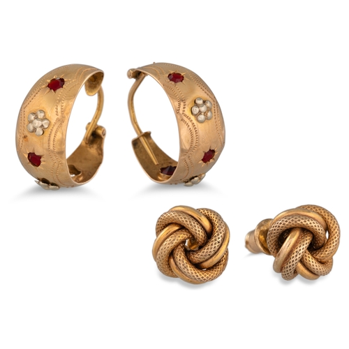 246 - TWO PAIRS OF GOLD EARRINGS, one knot form, one hoop, 5.4 g.