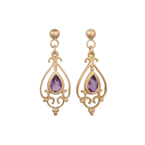 26 - A PAIR OF AMETHYST DROP EARRINGS, mounted in gold