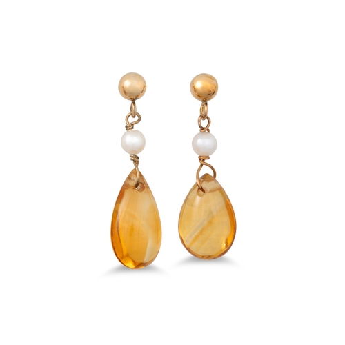 32 - A PAIR OF CITRINE AND PEARL DROP EARRINGS, mounted in 9ct gold