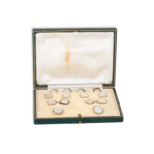 34 - A SET OF ANTIQUE MOTHER OF PEARL AND WHITE GOLD CUFFLINKS, boxed