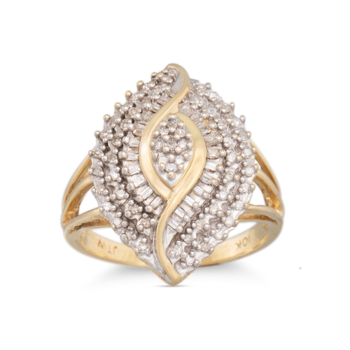 35 - A DIAMOND CLUSTER RING, the marquise shaped ring, mounted in 10ct yellow gold, size M