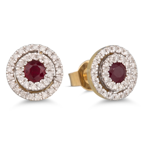 37 - A PAIR OF DIAMOND AND RUBY TARGET EARRINGS, the round ruby to double diamond surround, mounted in ye... 