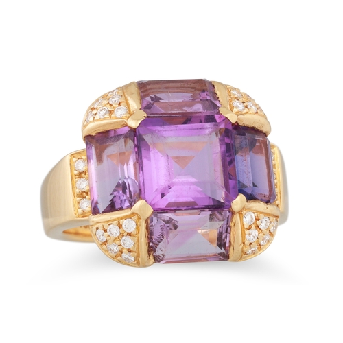 47 - AN AMETHYST AND PAVÉ DIAMOND SET RING, mounted in 18ct yellow gold, London hallmark, 19 g. size L