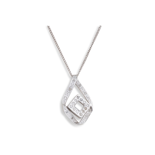 20 - A DIAMOND PENDANT, of shaped form, mounted in white gold, on a chain, together with matching earring... 