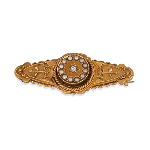 241 - AN ANTIQUE DIAMOND AND SEED PEARL BROOCH, shaped plaque form, together with another gold brooch