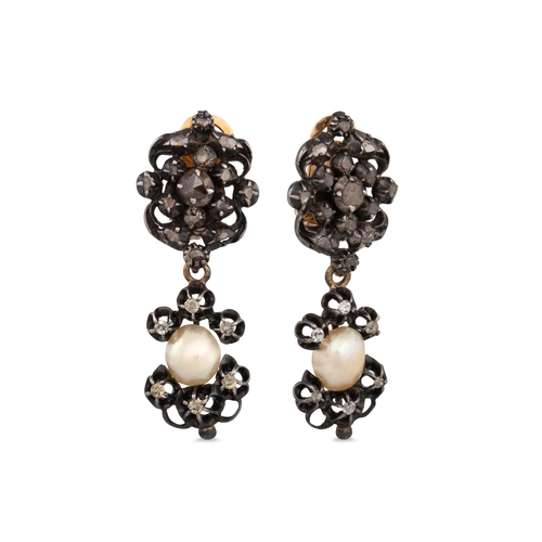 326 - A PAIR OF GEORGIAN PEARL AND ROSE CUT DIAMOND EARRINGS, of drop from, clip on fittings