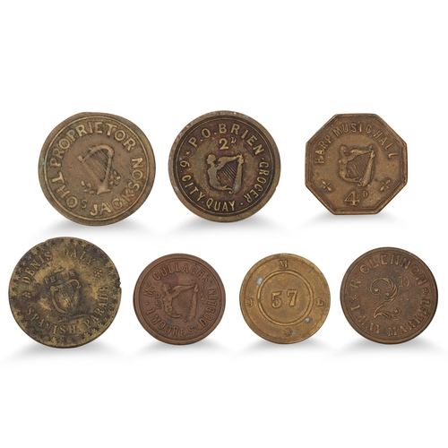 378 - 1800s 7 X DUBLIN TAV TOKENS 2d Harp; Glennon Hay Mkt, McCullagh's Moore st, 57, Daly Spanish Pde, O'... 