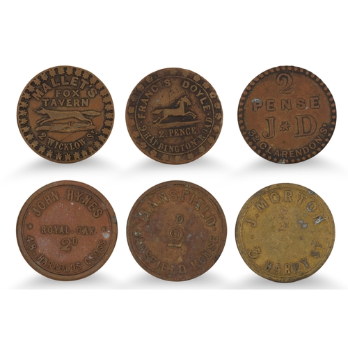 383 - 1800s 6 X DUBLIN TAV TOKENS 2d; Doyle Had'ton Rd, Hynes Harolds Cross, Mansfield Sarsfield Hse, J & ... 