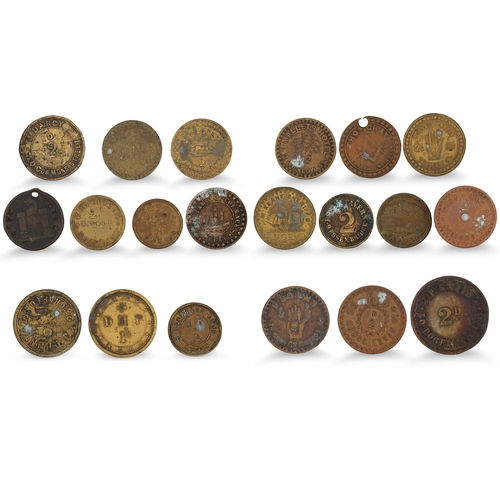 385 - 1800s 20 X ASSORTED IRISH DUBLIN TAVERN TOKENS WITH some corrosion spots and toning. Still legible, ... 