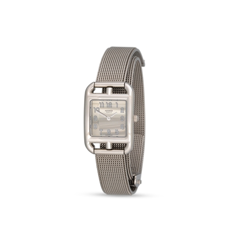 397 - A LADY'S HERMÉS STAINLESS STEEL 'CAPE COD' WRISTWATCH, black face, Arabic numerals, boxed