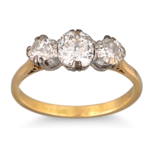 112 - AN ANTIQUE DIAMOND THREE STONE RING, the old cut diamonds mounted in 18ct gold. Estimated: weight of... 