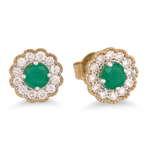 113 - A PAIR OF DIAMOND AND EMERALD CLUSTER EARRINGS, mounted in yellow gold