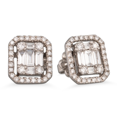 158 - A PAIR OF DIAMOND CLUSTER EARRINGS, mounted in white gold. Estimated: weight of diamonds: 0.64 ct.