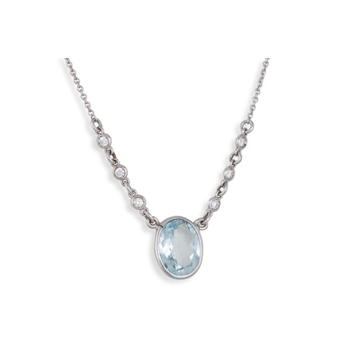 187 - AN AQUAMARINE AND DIAMOND PENDANT, the oval aquamarine to diamond links, on a white gold diamond set... 