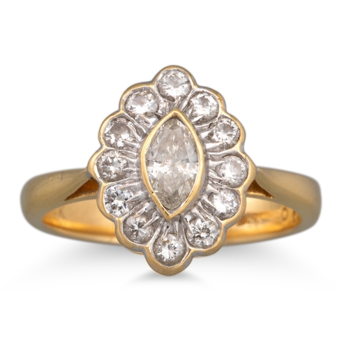 265 - A DIAMOND CLUSTER RING, marquise cut diamond to round brilliant cut diamond surround, mounted in 18c... 