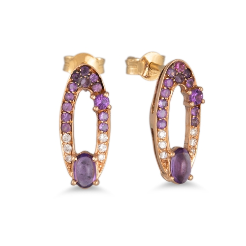 267 - A PAIR OF AMETHYST AND DIAMOND SET OPENWORK EARRINGS, mounted in 18ct yellow gold, oval-shaped