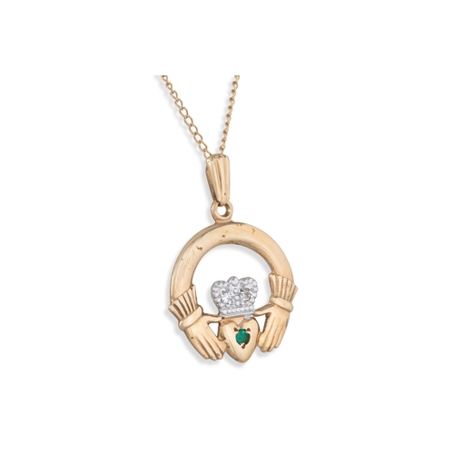 73 - A 9CT GOLD CLADDAGH PENDANT, on a chain with matching earrings