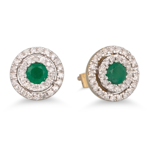 77 - A PAIR OF DIAMOND AND EMERALD EARRINGS, of circular form, mounted in 9ct gold