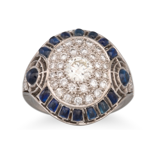 115 - A VINTAGE DIAMOND AND SAPPHIRE PAVÉ SET PLAQUE RING, mounted in platinum, size O