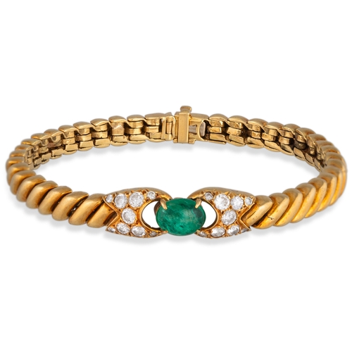 149 - A FRED EMERALD AND DIAMOND BRACELET, set with a central cabochon emerald and pavé diamond panel, twi... 