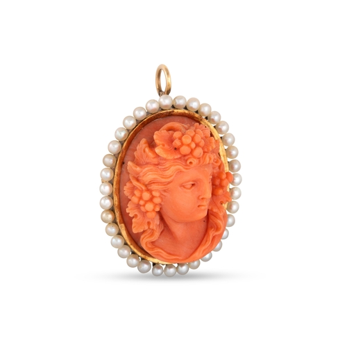 15 - AN ANTIQUE CARVED CORAL CAMEO, depicting a lady, pearl surround to a gold mount, pendant, and brooch... 