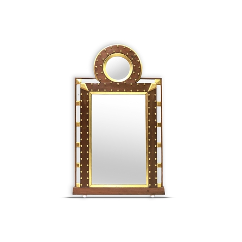 182 - AN ANTIQUE 19TH CENTURY OVER MANTLE SHAPED RECTANGULAR MIRROR, with mahogany and gilt buttons applie... 