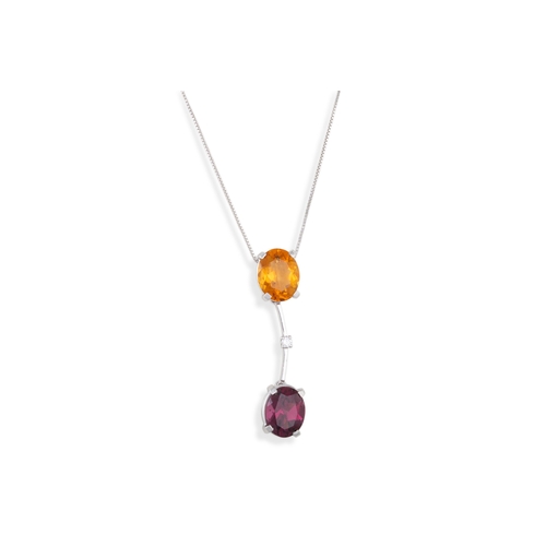 57 - A CITRINE, GARNET AND DIAMOND PENDANT, of drop form, 18ct white gold mounted. Estimated: weight of c... 