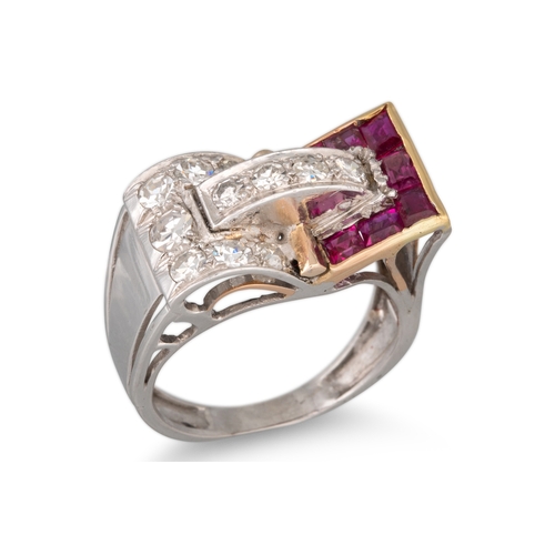 72 - A RETRO RUBY AND DIAMOND SET RING, the square cut rubies and old cut diamonds mounted in 18ct yellow... 