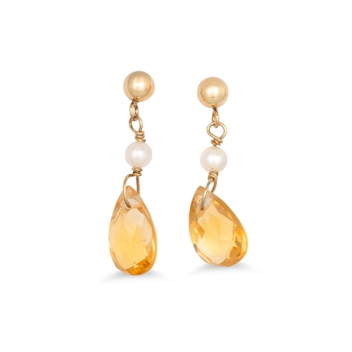 107 - A PAIR OF CITRINE AND PEARL DROP EARRINGS, the pear shaped citrine to a pearl and gold mount