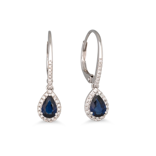 162 - A PAIR OF DIAMOND AND SAPPHIRE DROP EARRINGS, the pear shaped clusters, mounted in 18ct white gold