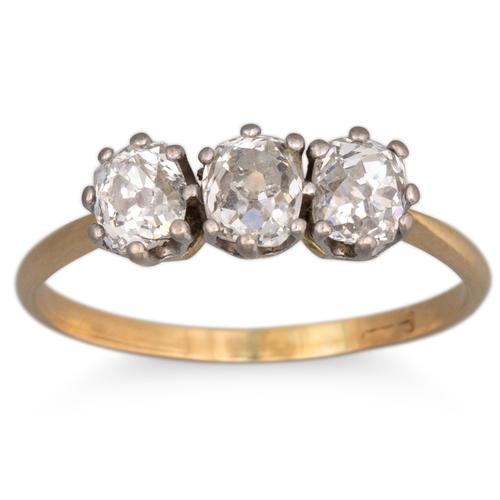 19 - AN ANTIQUE THREE STONE DIAMOND RING, the old cut diamonds mounted in yellow gold. Estimated: weight ... 