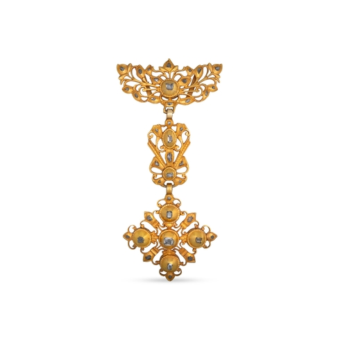 205 - A GEORGIAN STYLE DIAMOND PENDANT, comprising three dropped gold openwork plaques set with table cut ... 