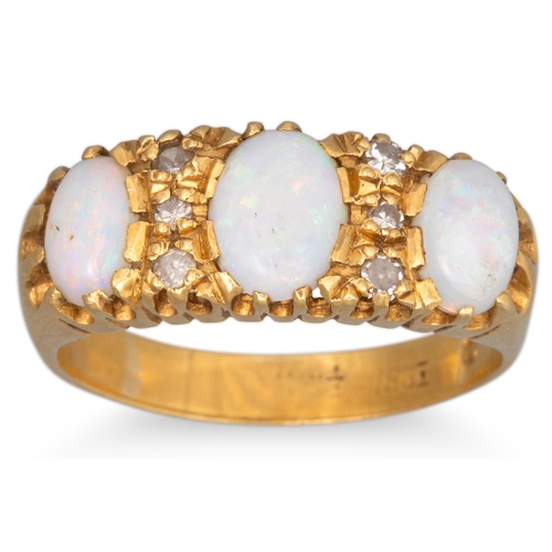 23 - A VICTORIAN OPAL AND DIAMOND RING, mounted in 18ct gold, size S