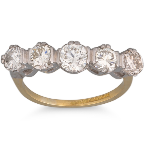 236 - A FIVE STONE DIAMOND RING, mounted in 18ct yellow gold. Estimated: weight of centre diamond: 0.50 ct... 