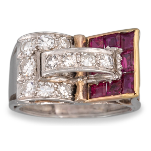 265 - A RETRO RUBY AND DIAMOND SET RING, the square cut rubies and old cut diamonds mounted in 18ct yellow... 