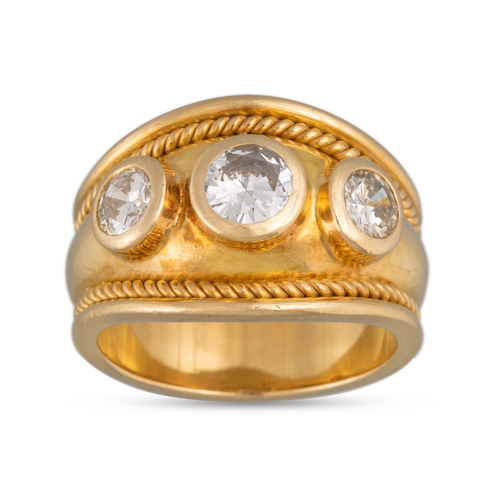 278 - A THREE STONE DIAMOND RING, the three graduated round brilliant cut diamonds to an 18ct yellow gold ... 