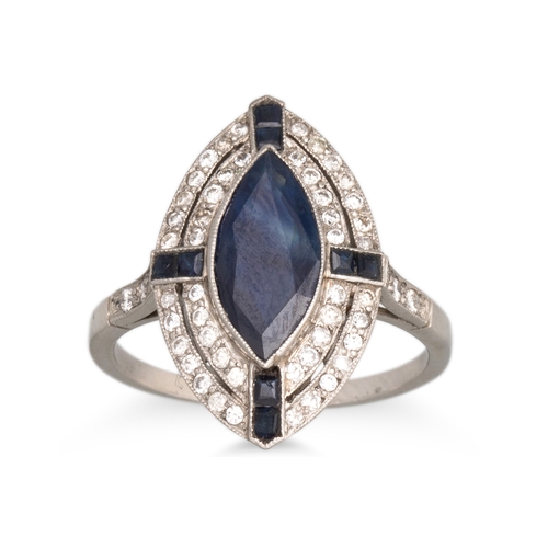 294 - A SAPPHIRE AND DIAMOND CLUSTER RING, the marquise cut sapphire to a sapphire and diamond plaque styl... 