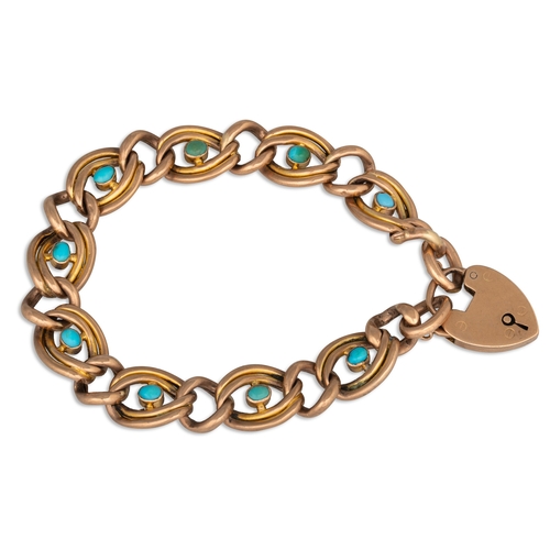 30 - A 9CT GOLD TURQUOISE SET DOUBLE CURB LINK BRACELET, padlock clasp