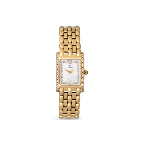 355 - AN 18CT GOLD LADY'S CONCORD WRISTWATCH, diamond set bezel, mother-of-pearl face with Roman numerals ... 