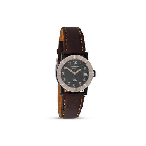 356 - A MID SIZE RAYMOND WEIL GENEVE WRISTWATCH, brown leather strap, date and boxed