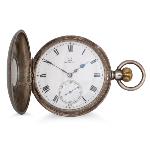 358 - AN OMEGA STERLING SILVER HUNTER POCKET WATCH, with seconds dial, 38 mm white face, Roman numerals, i... 