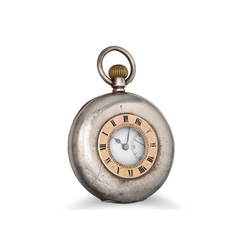 358 - AN OMEGA STERLING SILVER HUNTER POCKET WATCH, with seconds dial, 38 mm white face, Roman numerals, i... 