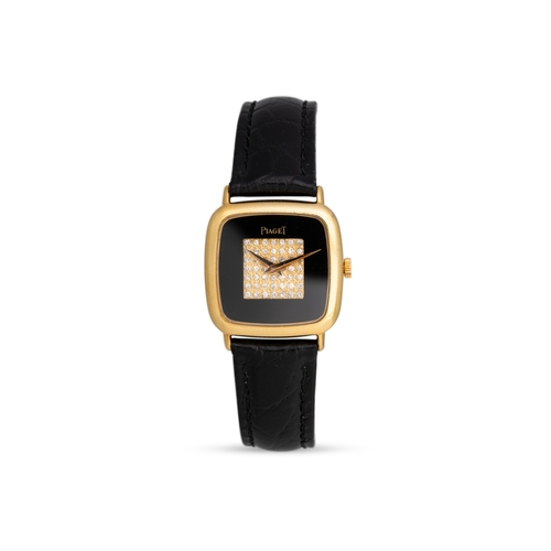 361 - A LADY'S 18CT GOLD PIAGET WRIST WATCH, diamond dial, leather strap with 18ct gold Piaget clasp