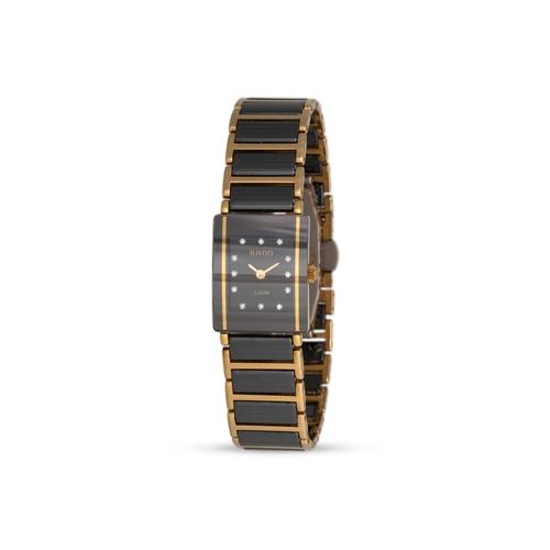 381 - A LADY'S 'JUBILEE DIAMOND STAR' RADO WRISTWATCH, black face, diamond markers, ceramic black & gold-p... 