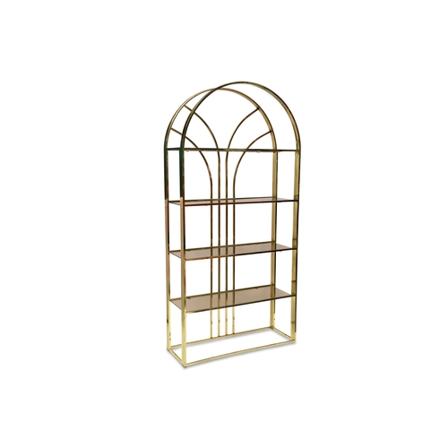 398 - AN ETAGERES BOOKCASE, the art deco style shelf unit with five tinted glass shelves in brass mounts, ... 