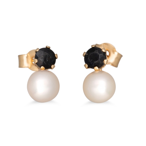 42 - A PAIR OF CULTURED PEARL AND SAPPHIRE EARRINGS, mounted in 9ct gold