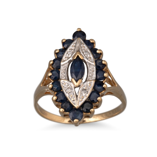 43 - A DIAMOND AND SAPPHIRE CLUSTER RING, the navette shaped ring mounted in 9ct yellow gold, size P-Q