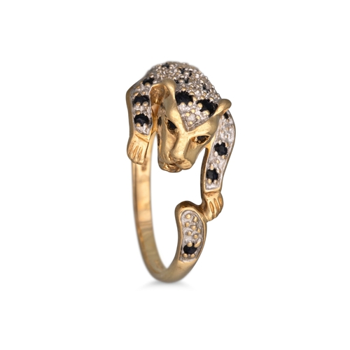 44 - A DIAMOND AND SAPPHIRE PANTHER RING, mounted in 9ct yellow gold, size P