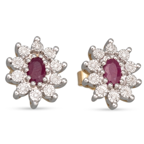 57 - A PAIR OF DIAMOND AND RUBY CLUSTER EARRINGS, the oval rubies to diamond surround, mounted in 9ct yel... 